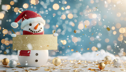 Christmas greeting card featuring snowman holding a banner, background is a festive winter holiday backdrop with gold confetti and a funny