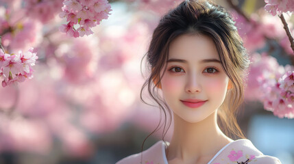 Fototapeta premium Cute asian girl wearing beautiful traditional kimono at spring day in Japan, cherry blossom sakura tree temple shrine tea ceremony garden at background. Happy young Japanese woman smiling at camera