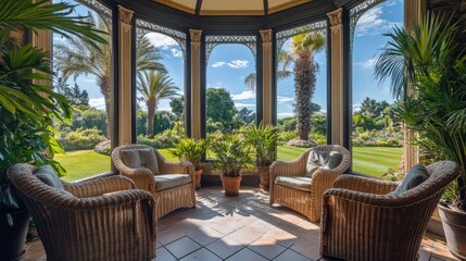 Fototapeta premium A Victorian-style sunroom with wicker furniture
