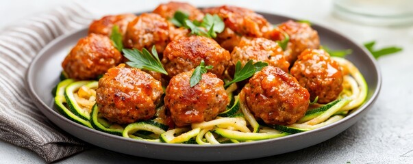 Fototapeta premium Delicious low-carb keto meatballs made with almond flour, perfectly paired with fresh zucchini noodles.