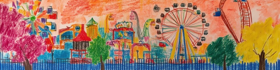 Obraz premium Colorful children's drawing of a vibrant amusement park with Ferris wheel and roller coaster under a bright orange sky.