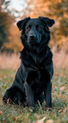  A black dog atop a field of green grass borders a forest ablaze with orange and yellow leaves
