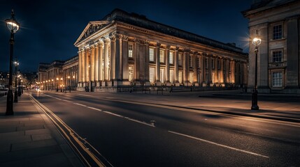 Fototapeta premium A classic building with columns stands illuminated on a quiet street at night.