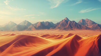 Fototapeta premium A vast desert with a heat shimmer creating a distorted view of distant mountains, their peaks appearing warped and floating