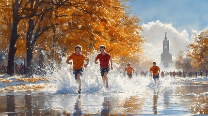 Fototapeta premium Watercolor scene of children playing and expressing happiness in a vibrant setting