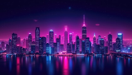 Obraz premium Vibrant city skyline at night with neon lights reflecting in the water under a starry sky