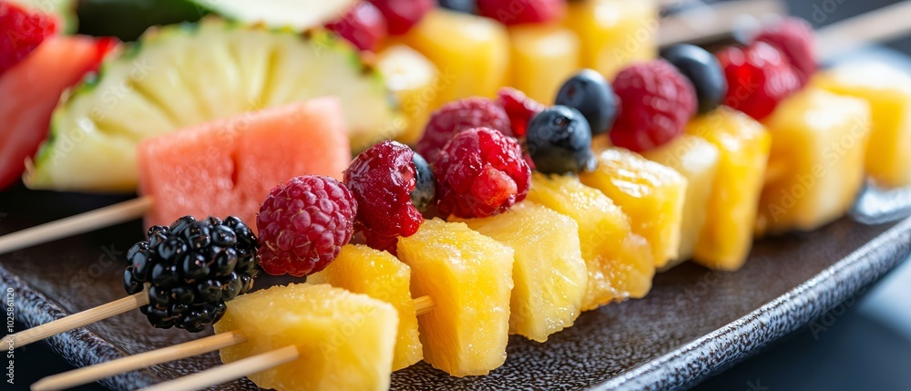 Poster  A tight shot of fruit skewers arranged on a plate Fruit chunks gracefully adorn each skewer, some resting next to it