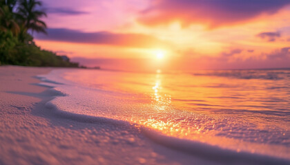 Fototapeta premium Tropical beach at sunset with light sand in the foreground.