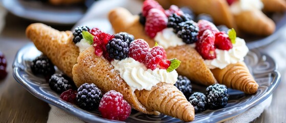  A tight shot of a plate filled with pastries topped with berries and raspberries
