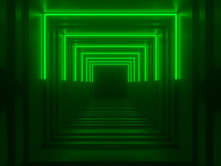 3D green neon tunnel. Black background with neon lights.