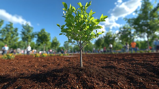 Virtual scene depicting community members participating in a tree-planting event
