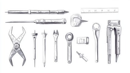 A collection of DIY tools, like calipers, drawn in a realistic style and isolated on a white background.