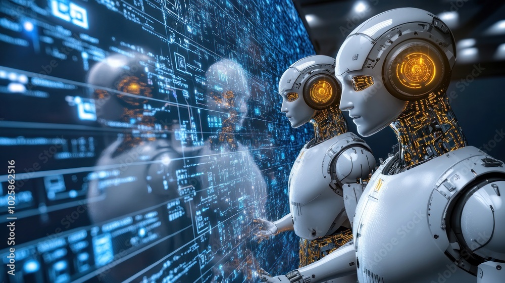 Leinwandbilder Two Advanced Robots Interacting with a Digital Interface