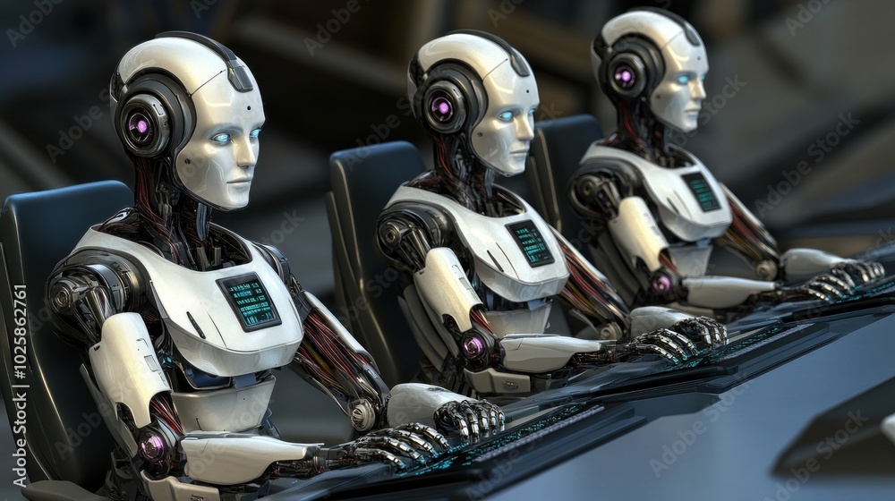 Aufkleber Three humanoid robots working on a task at a futuristic workstation