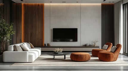 Contemporary living room with orange and white decor, large windows, a big TV, and elegant wood paneling.