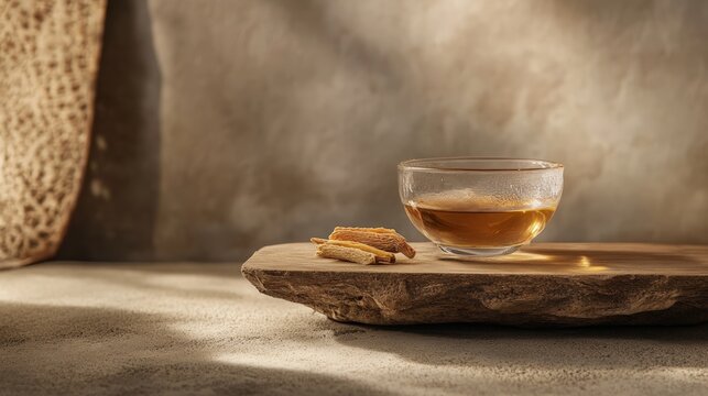 Ginseng Tonic Tea Display, a vibrant infusion of fresh and dried ginseng elegantly arranged on a rustic wooden podium, set against a minimalist cement backdrop.