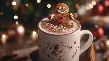 Obraz premium A delightful gingerbread man lounges in a frothy cup of hot chocolate
