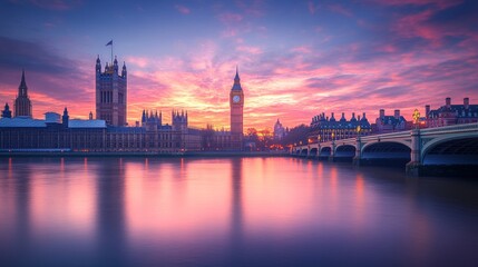 Obraz premium London's iconic big ben skyline and the surrounding area, front view with building reflection on water