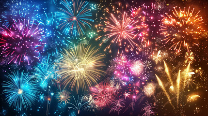 Fototapeta premium A vibrant explosion of colorful fireworks illuminates the night sky, creating a festive and celebratory atmosphere with bright lights and patterns. 
