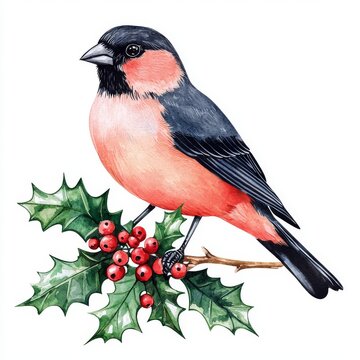 recommend clip art: Isolated watercolor illustration of a bullfinch bird sitting on a green branch in the middle of winter, with a white background
