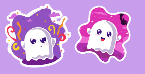 Fototapeta premium Cute ghost characters sticker set with magic spells, clouds, stars on purple background in flat style for halloween, decorations, wallpapers