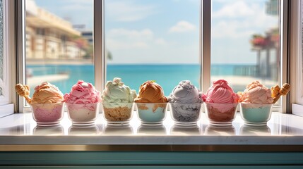Ice cream showcase on gelato shop, photo shot, natural light day, generative Ai 