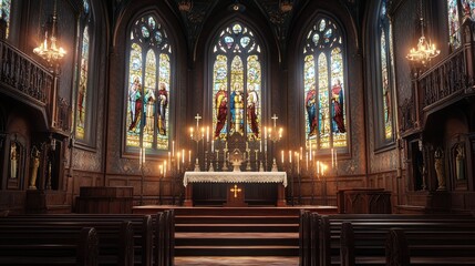 Fototapeta premium A Victorian chapel with tall stained glass windows depicting biblical scenes