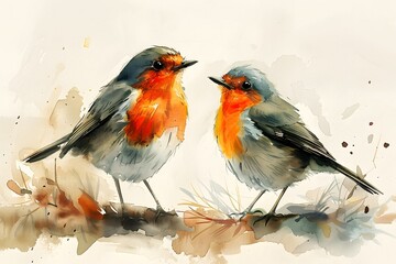 Fototapeta premium Watercolor Painting of Two Robins on a Branch 
