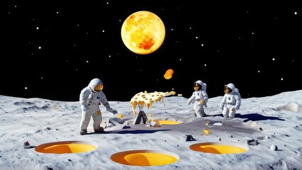 Astronauts exploring the moon, engaging in a scientific activity with a distant sun.