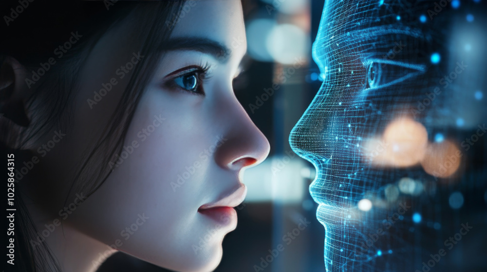 Poster an ai-powered face on a phone screen uses artificial intelligence to analyze data.this innovative co