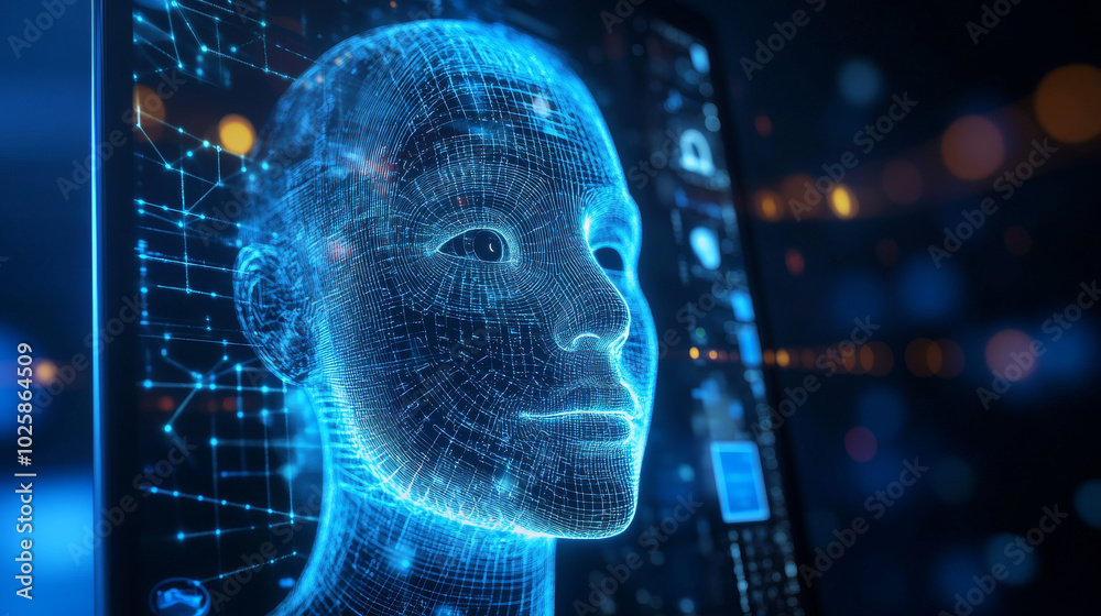 Poster an ai-powered face on a phone screen uses artificial intelligence to analyze data.this innovative co