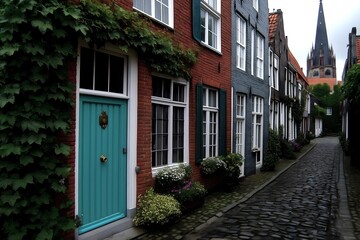 European village street, untouched by time. Cobblestone paths wind between historic homes with their shuttered windows, Ivy climbs the rustic stone walls, painted facades.