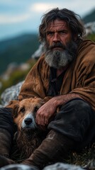  A bearded man sits next to a brown-and-white dog on a grassy field