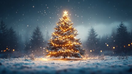 Naklejka premium Photorealistic snow-covered christmas tree outdoors, soft falling snow, garland hanging around the tree, dark evening sky in the background, simple and calming composition