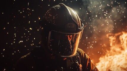 A firefighter in full gear, with a determined look on his face, stands in front of a raging fire. Sparks fly through the air, creating a dramatic and dangerous scene.