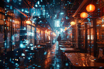 Exploring a digital restaurant in a vibrant alley with a holographic menu under lantern lights