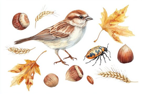 recommend clip art: Autumn foliage, sparrow, beetles and leaves, watercolor bird with isolated design for creative designs.