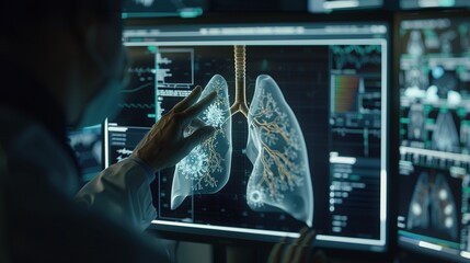 Medical Experts Analyzing 3D Respiratory System Model in Lab, Highlighting COVID-19 Complication Zones Amidst Advanced Technology