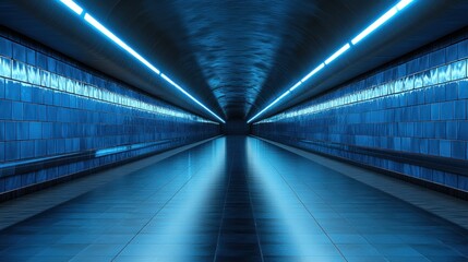 Obraz premium Blue Tiled Tunnel with Fluorescent Lighting