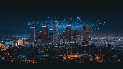 Obraz premium Nighttime Cityscape with Abstract Network Overlay