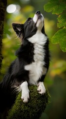 Obraz premium A black-and-white dog sits atop a moss-covered tree branch, gazing upward at the green, leafy tree