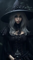 A captivating portrait of a mysterious woman in a black outfit.