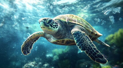 Fototapeta premium Sea turtle swimming through plastic waste in the ocean, symbolizing the threat of pollution to marine life.