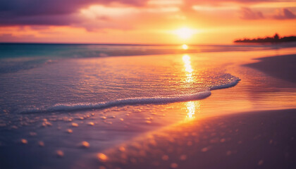 Tropical beach at sunset with light sand in the foreground.