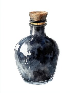 recommend clip art: A bottle containing a black potion on a white background, watercolor illustration, alchemist's bottle, hand drawn magic poison, alchemy
