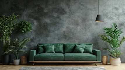 Minimalist interior with a green sofa in front of a grey wall, creating a modern and stylish living room atmosphere.