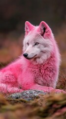  A white and pink wolf lies atop a grassy field beside a mound of dirt and rocks