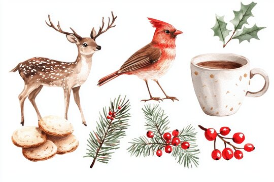 recommend clip art: An illustration of cute holiday objects, including a deer, a red cardinal bird, a cup, and cookies.