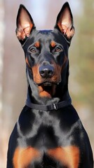  A tight shot of a dog's expressive face wearing a collared neckpiece, half black and half brown, against a softly blurred backdrop
