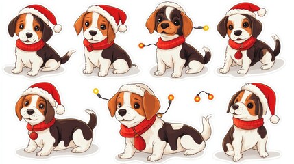 Obraz premium Stickers of christmas light string dogs in various poses, with santa hats and scarves, on a white background, in an 8-piece set.